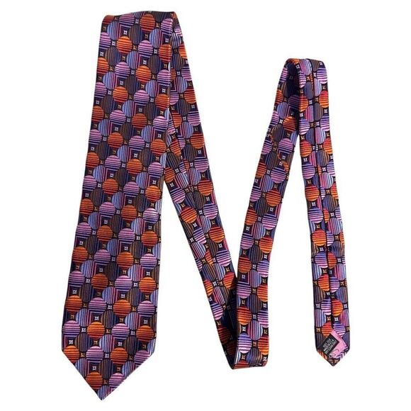 Silk Necktie Circles Squares Abstract Geometric Pattern Business Casual Stylish - Picture 2 of 4